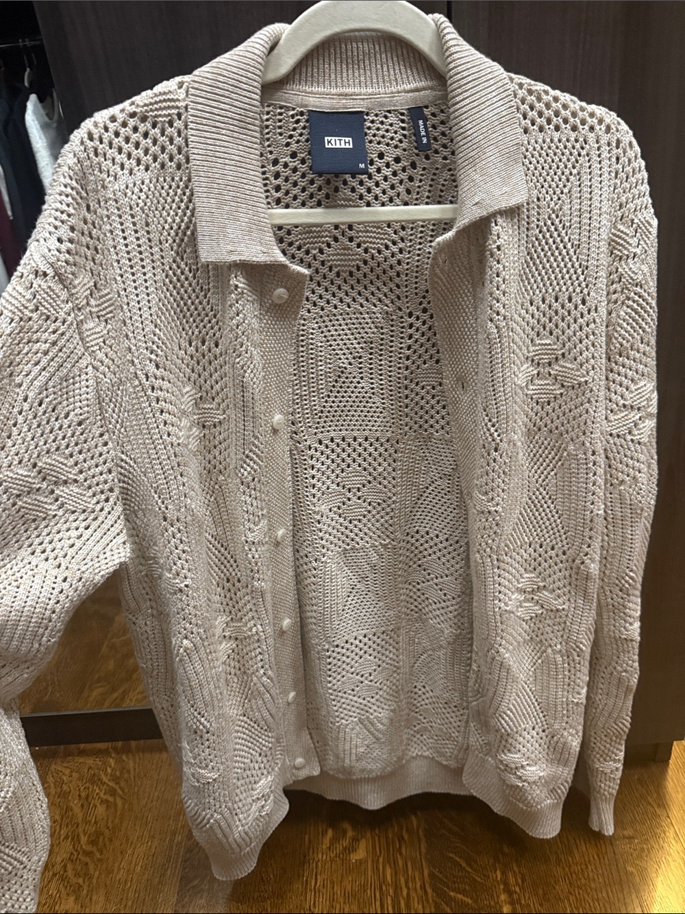 KITH Beige Open Knit Button Sweater Medium Textured Lightweight